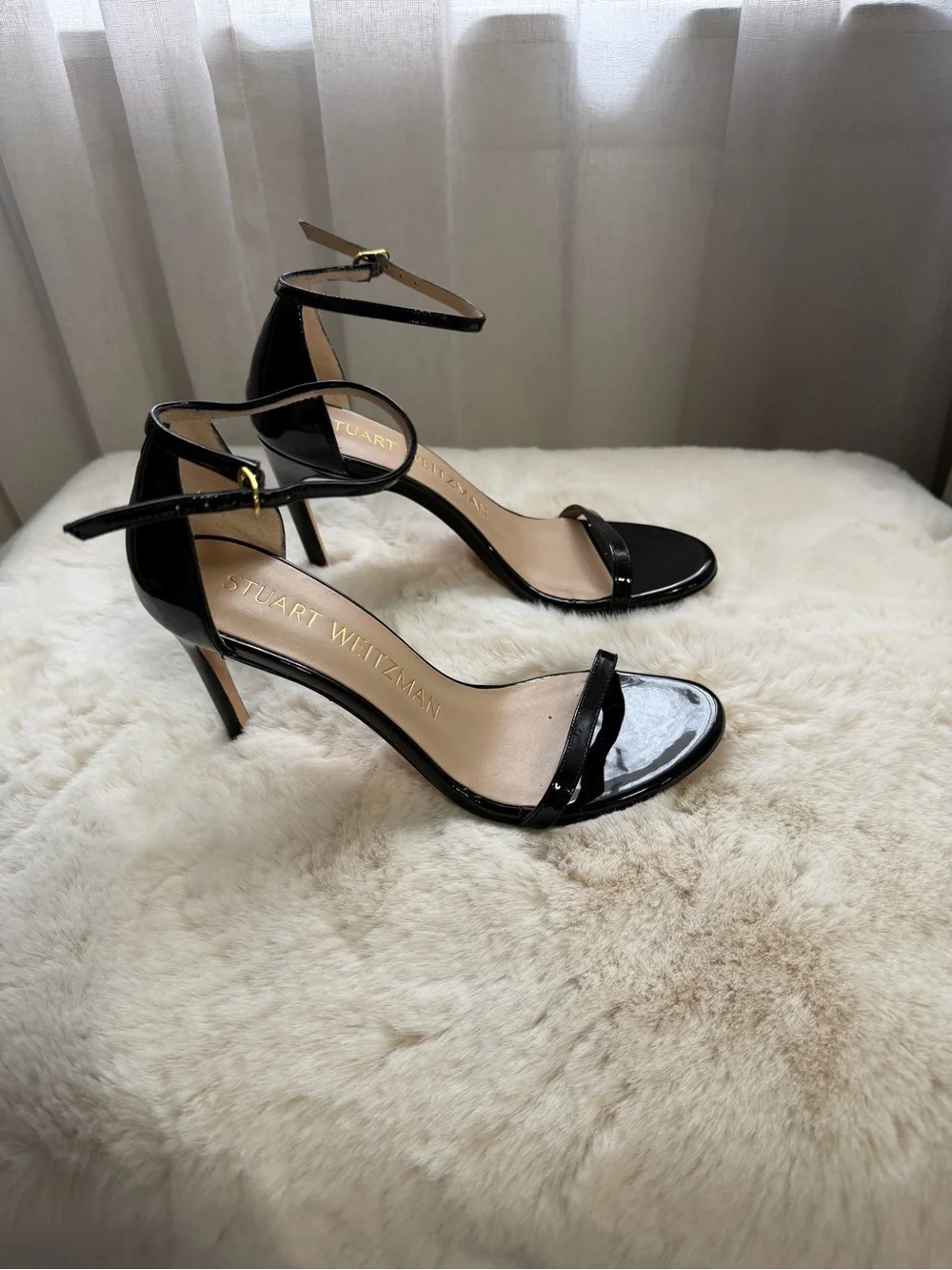 Stuart Weitzman Black Patent Leather Ankle-Strap Heels
